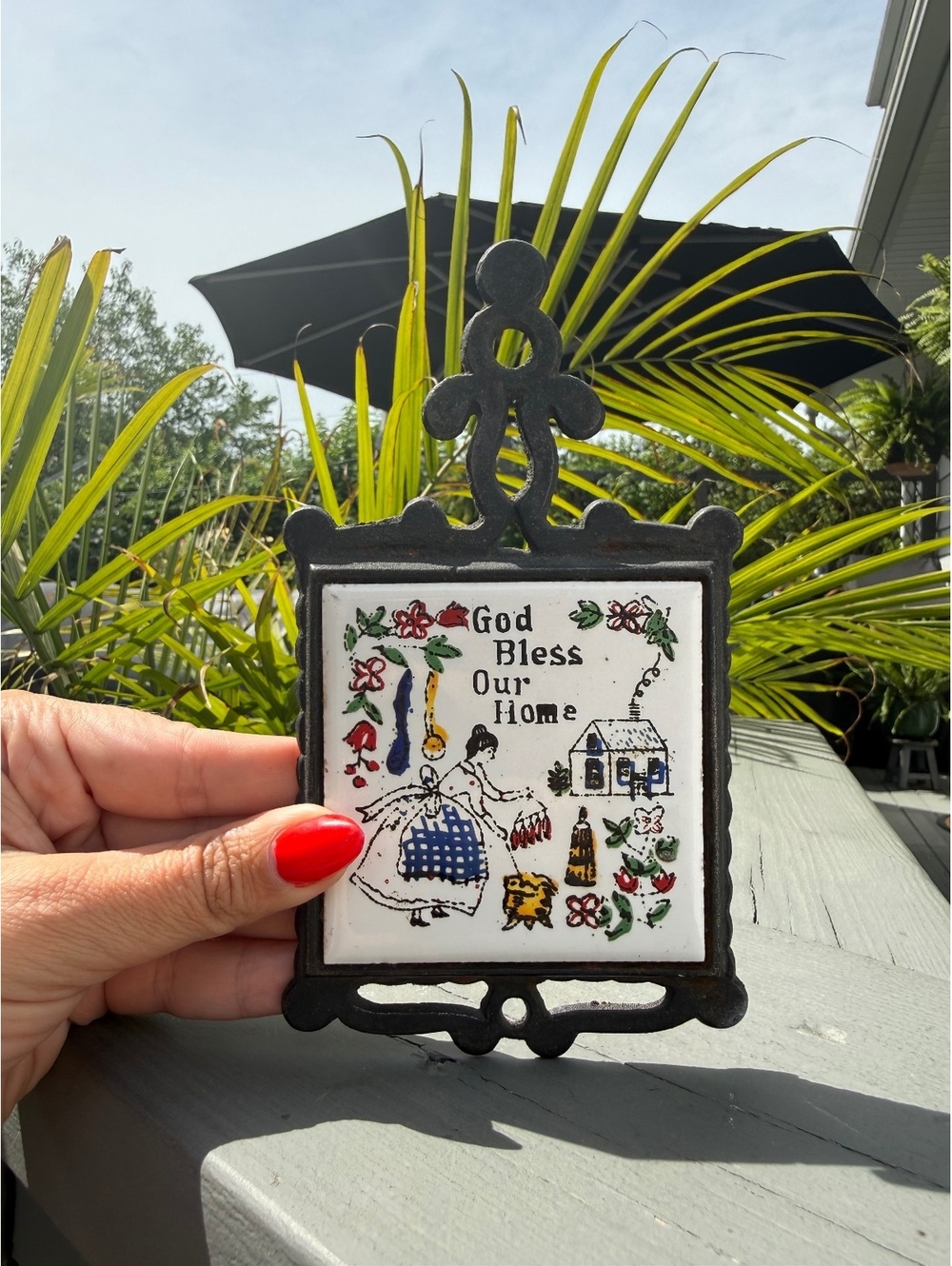 God Bless Our Home Ceramic Tile Trivet Cast Iron Wall Hanging Farmhouse Decor